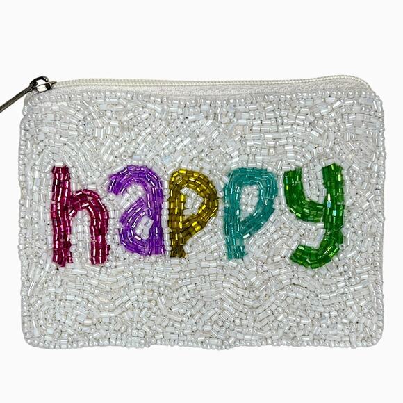 Shirdee Beaded "Happy" White Rainbow Cloth Back Zip Card Pouch Coin Purse - Picture 1 of 7